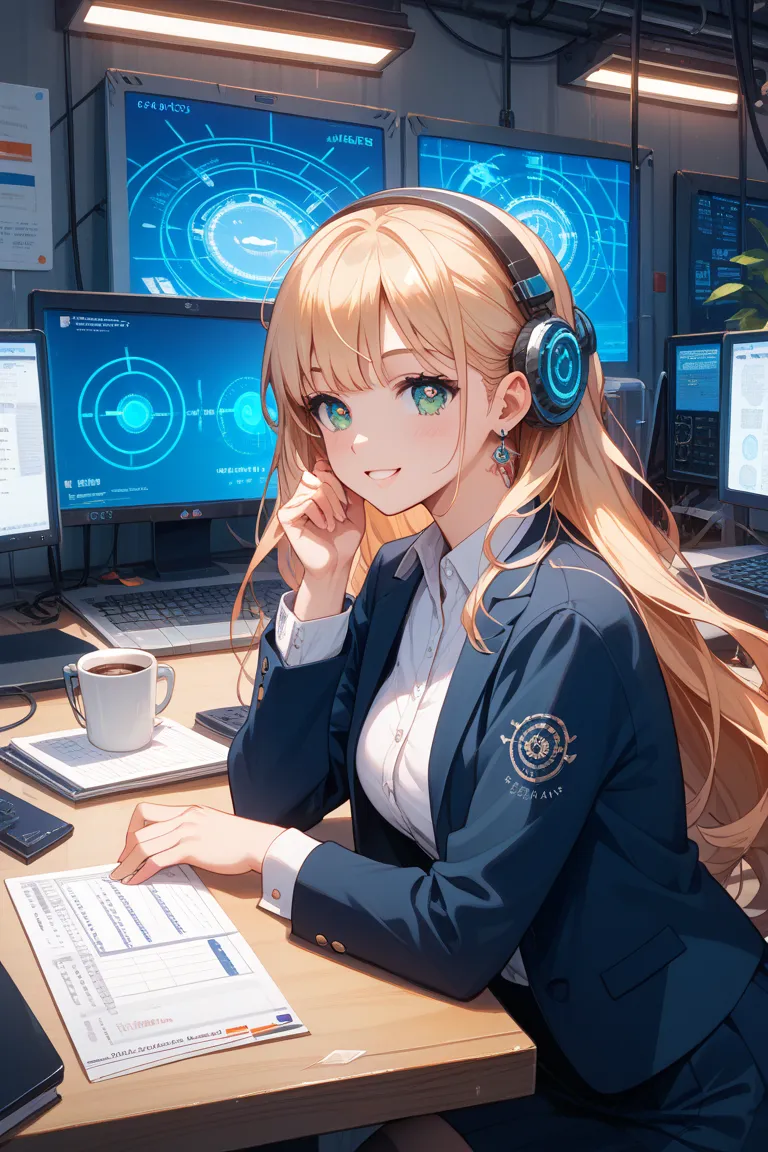 A cute anime-style girl with big sparkling eyes and long silky hair, wearing stylish business casual attire. She is sitting at a sleek modern desk with a high-end laptop displaying forex trading charts. Her expression is focused and confident, with a sligh...