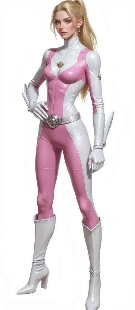 A beautiful and gorgeous and sexy slender blonde ponytail hair Lady hero wearing leather white and Pink honeycomb textured tight fit leather spandex costume. White gloves and belt and boots.. hero suit with silver 3d Saturn symbol on his chest,standing in ...