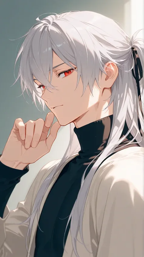 handsome、 male、solo、long hair,  Silver Hair,red eyes, turtleneck、ribbons、 has hair tied、 deco out