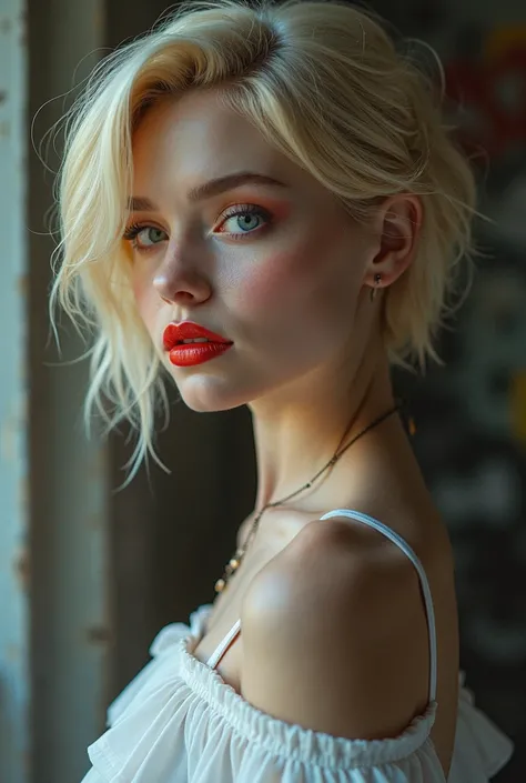 realism,  realistic, ultra  realistice Details: velvety skin,  blond short hair, combed to the side,  symmetrical lips , Bright shiny red_pomade, Long blue_ eyelashes , students, BREAK, ultra  realistice 8k CG,   Masterpiece  ,(((full body))),  Better qual...