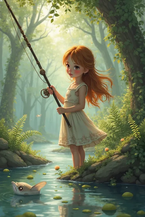 A girl goes fishing in the forest with a huge pole.