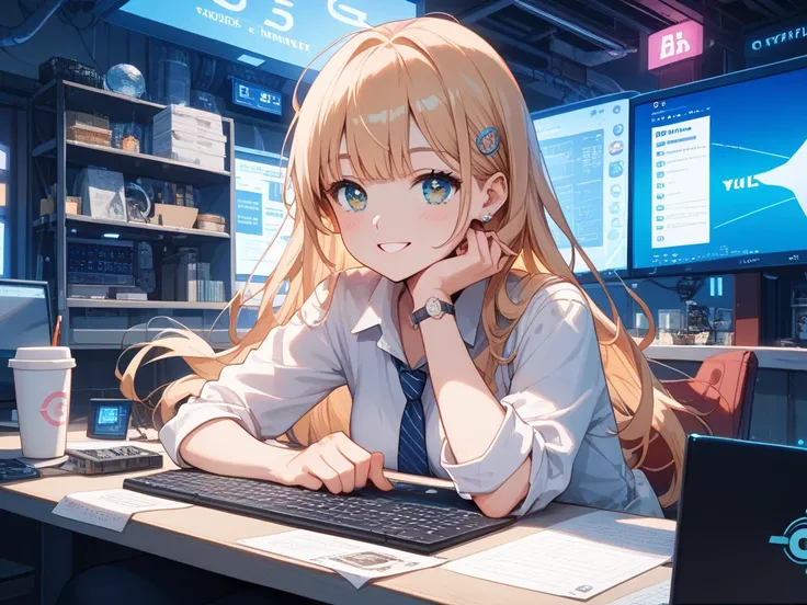 A cute anime-style girl with big sparkling eyes and long silky hair, wearing stylish business casual attire. She is sitting at a sleek modern desk with a high-end laptop displaying forex trading charts. Her expression is focused and confident, with a sligh...