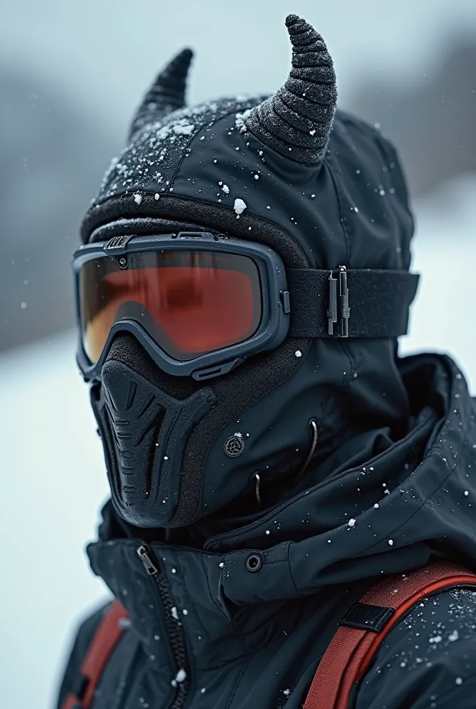 full face Ski mask with little horns and goggles over the eyes