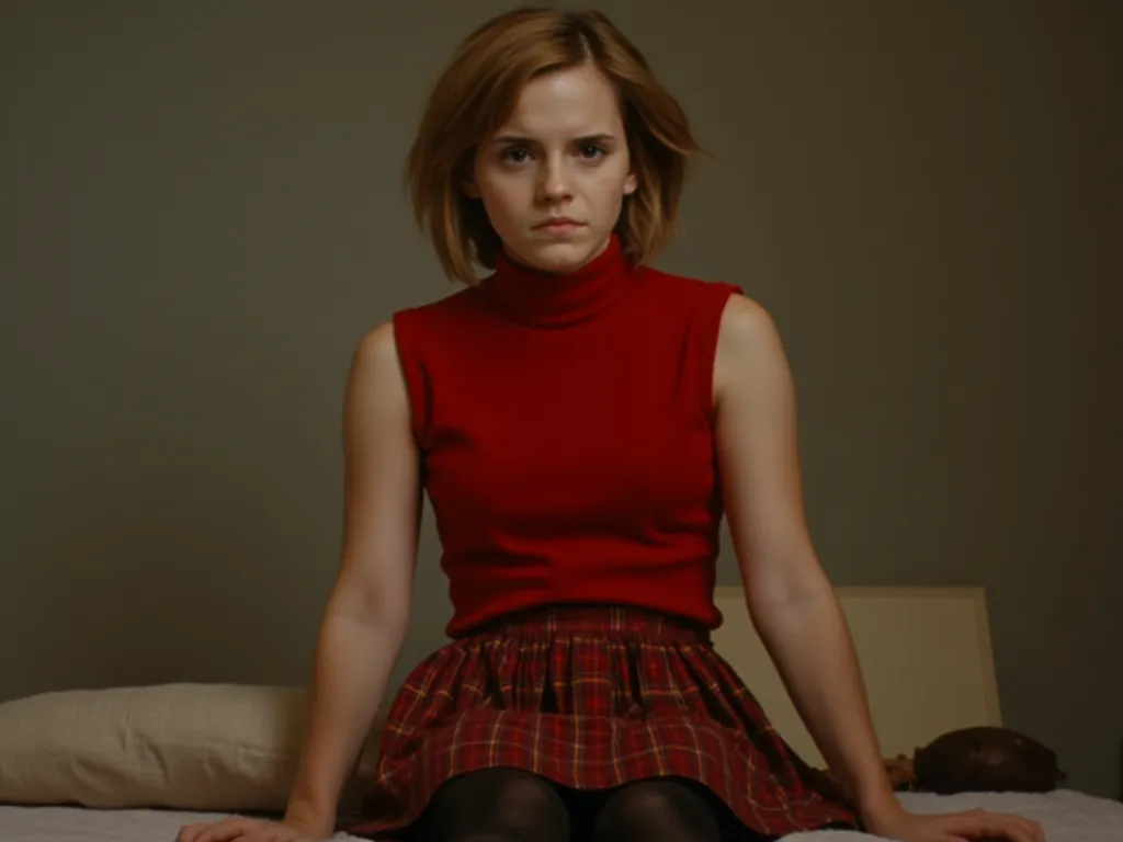 Head to toe picture of Hermion grenger.very short hair. sleeveless red fitted turtleneck dress.red plaid pleated mini skirt.black pantyhose.sat on bed.