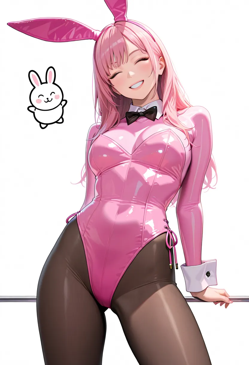 black tights、bunny girl,super realistic,high quality,Detailed,4K Rendering,white studio background with,Smiling face,rabbit in a bodysuit,wearing an enamel luster bodysuit, pink long hair,An attractive posture,white background,soft lighting,Midea, pop,fash...