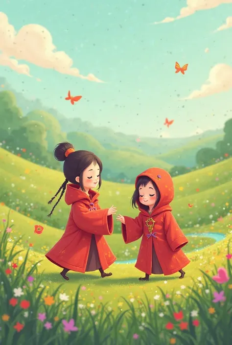 Create 2D Characters Little  Wearing Red Robe On Green Meadow