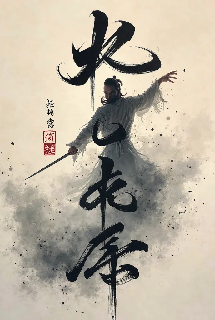 Cursive script,- Beating ink , Gradation of ink density, AnCalligraphy style word "Tai Chi",Ink spirit, Loose-structured, Flying white