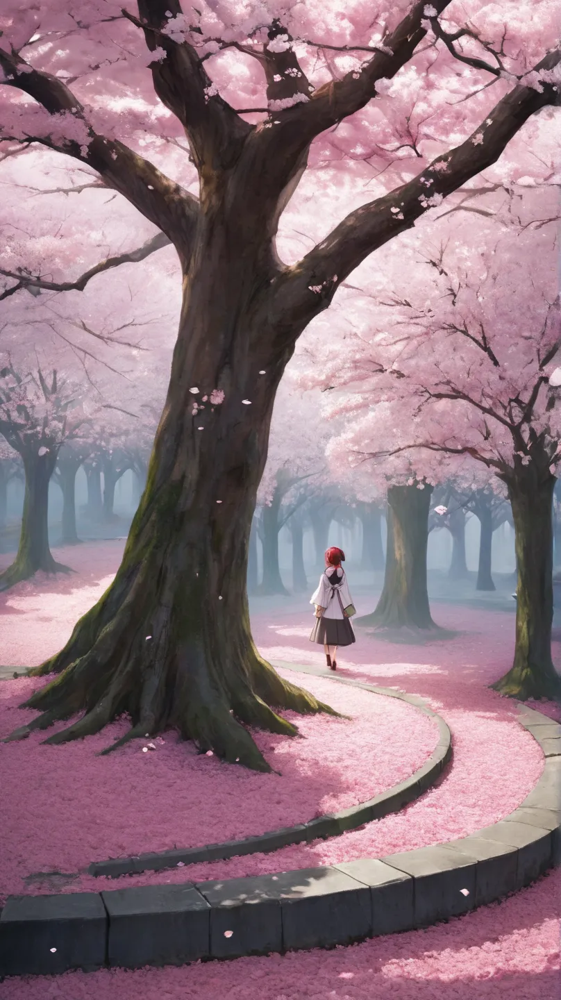 "A sorrowful and beautiful Japanese yokai named Furimuki-Sakura, the backward-looking cherry blossom. It appears as a lone cherry tree in full bloom, standing in places where no tree should grow. Its petals fall against the wind, drifting backward instead ...