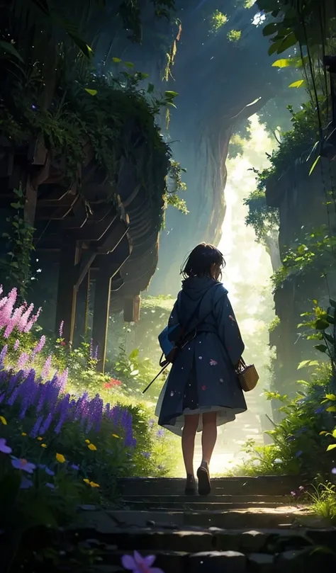 The illustration is reminiscent of Makoto Shinkai。It depicts the secrets of the Magical Forest。The girl is painted in the style of modern art.。Girl with a magic wand、There is a strangely shaped tree in the background々Colorful Flowers々 spread。There is fanta...