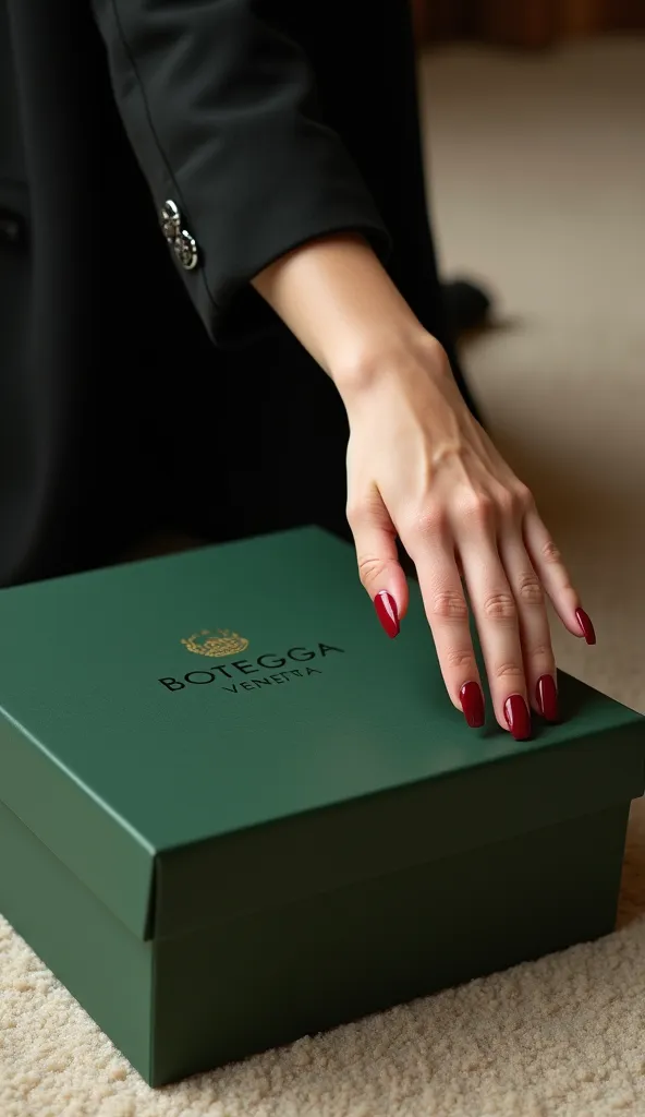 (((side view shot))), close up photo of girl's ahnd in black blazer sleeve, (((with Dark red nails, oval shape with long, pointy tips))), opens the big green shop paper box of Botegga Veneta on the ground, on light beige carpet, soft lighting, modern aesth...