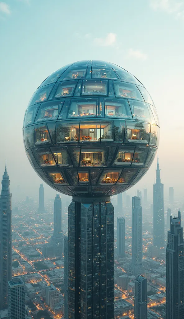 A highly realistic and cinematic cityscape featuring a massive glass football-shaped building sitting atop a skyscraper. The football structure is divided into multiple sections, each containing small modern homes with visible interiors. Surrounding the ce...