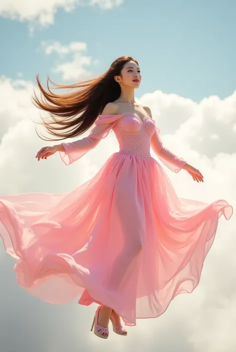 A Chinese person. She wore a pink dress, chiffon skirt, heart-shaped collar, long sleeves fluttering in the wind, skirt reaching past her feet, beaded waist, off-shoulder dress and no wings, long hair fluttering in the wind, brown hair. She flew up into th...