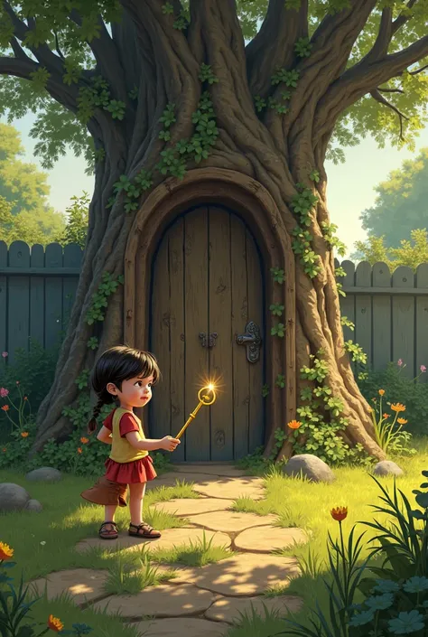 Lily found a tiny, golden key in her backyard. Curious, she searched for a lock it might open. Behind a big oak tree, she discovered a hidden door!