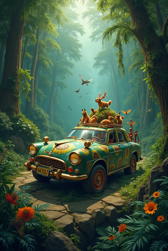 Let's create this image of an allegorical car inspired by the Amazon, with elements of nature and characters from Brazilian folklore , in the form of a drawing 