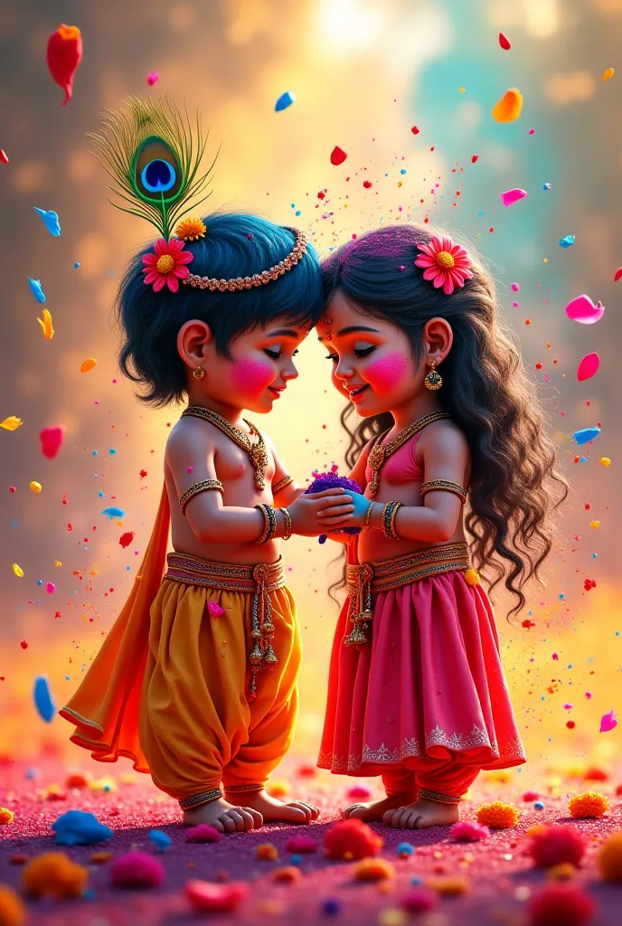 AI Image Generation Prompt:

"Create a beautiful and vibrant image of little Radha and Krishna celebrating the Holi festival. They are joyfully playing with colors, their faces covered in bright gulaal. Krishna is wearing a festive pagri adorned with a pea...