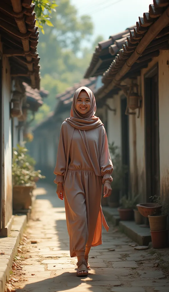 photo like original, of a woman in hijab ,He was walking forward with a smile.,in the alley ,roof tile house,White paint ,indonesia,realistic