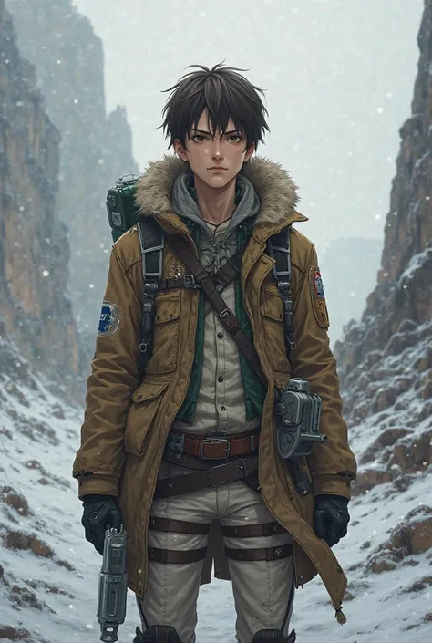 Play a male character who plays as the exploration troop from Attack on Titan , dark brown hair and brown eyes, He has a snow coat and the equipment to attack the Titans 