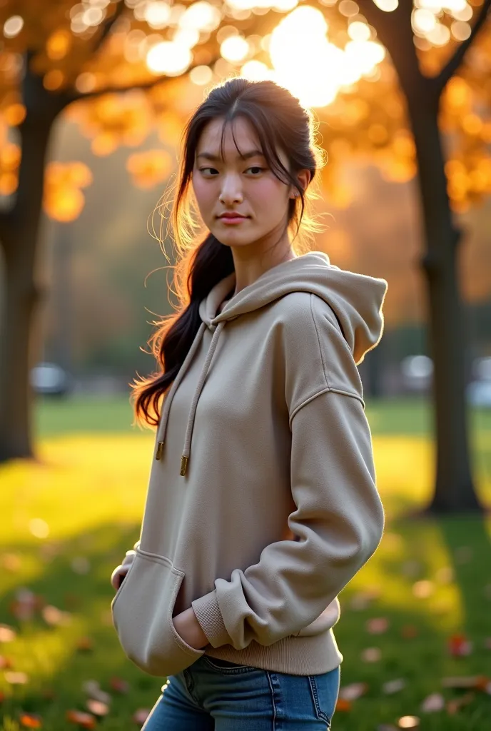 young beautiful woman, hoodie, jeans, ponytail, in the park, photorealistic, detailed facial features, serene expression, relaxed posture, lush green park, sunlight filtering through trees, warm autumn colors, intricate textures, cinematic lighting, vibran...