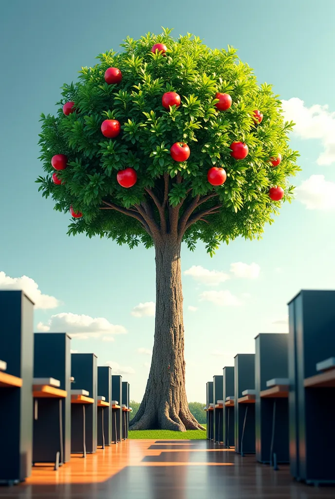 A tree in an office with red apples