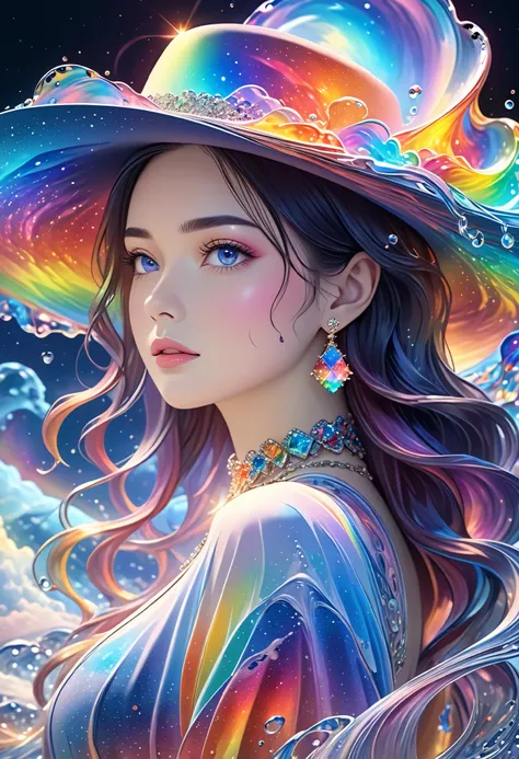 a beautiful young woman,Ultra-detailed,Rich details,jewelry,jewelry,hat, mysterious waves at night. 3d. rainbow colors. The melting beauty of the universe. Surrealism in Nebula Reflections