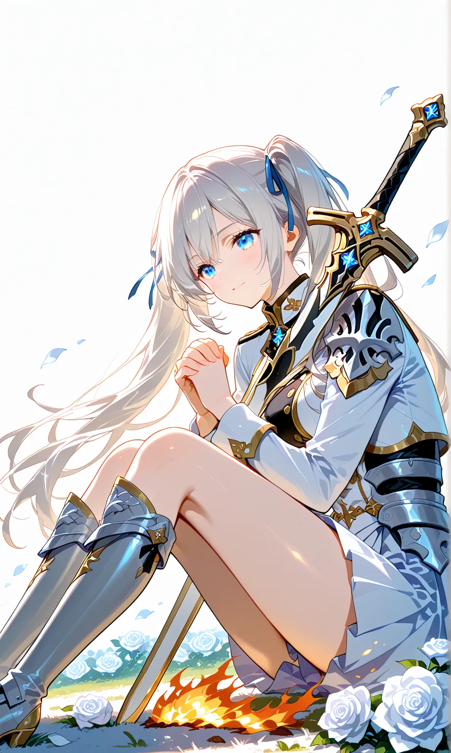 (watercolor:0.4)、( pastel :0.6)、 1girl 、long jet black twin tails with faint white highlights tied with a ribbon、knight in a white rose military uniform、Blue eyes。Holding a sword with both hands while sitting on the ground、Silently praying。scattered white ...