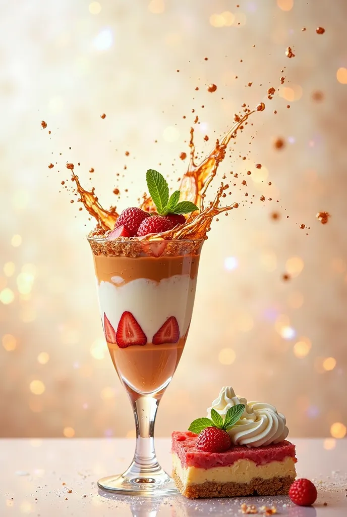 beautiful glass with gilding. it contains tiramisu. splashes of tiramisu fly from the glass. next to the glass is a piece of delicious tiramisu with pieces of strawberries and mint leaves. with strawberries and whipped cream. on a light bright background