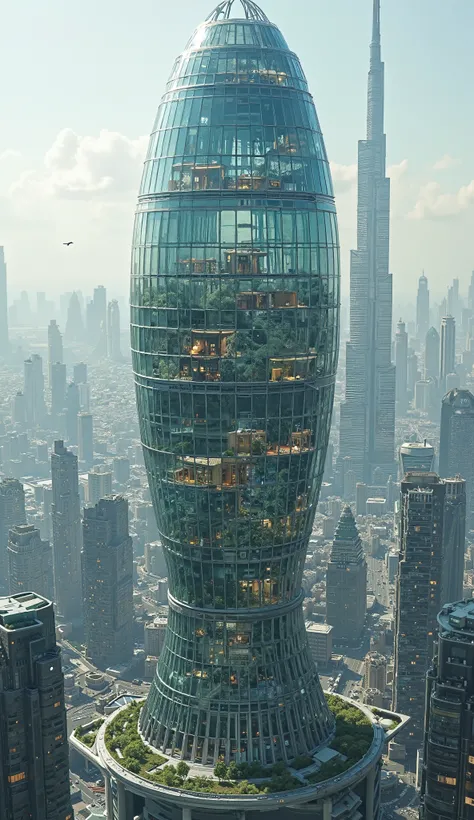 A highly realistic and cinematic cityscape featuring a massive glass football-shaped building sitting atop a skyscraper. The football structure is divided into multiple sections, each containing small modern homes with visible interiors. Surrounding the ce...