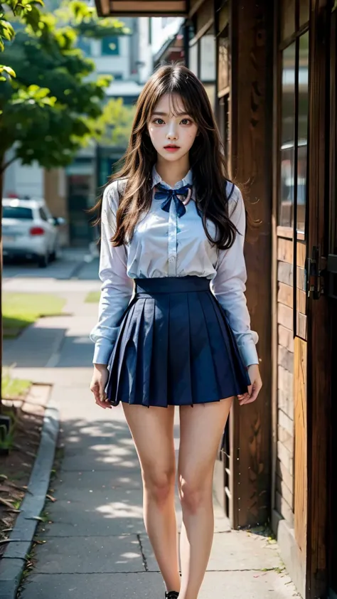 a beautiful 18 year old Japanese high school girl with perfect anatomy, healthy thighs, beautiful legs, beautiful skin, random hair color and style, large breasts, (wearing a Japanese schoolgirl uniform:1.3), (she is standing:1.2), penny loafers, holding a...