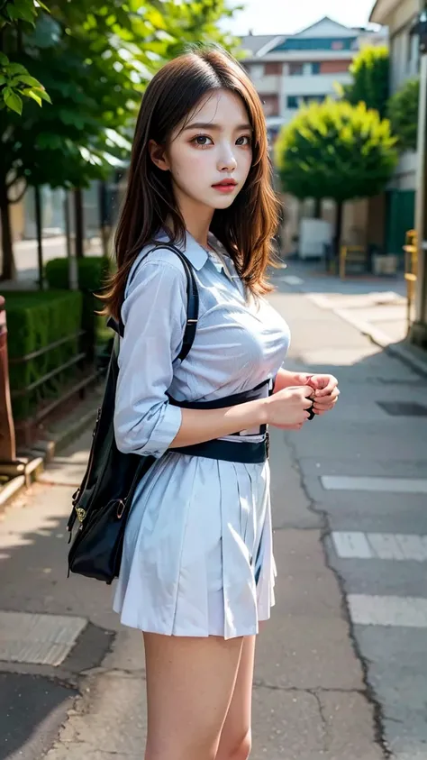 a beautiful 18 year old Japanese high school girl with perfect anatomy, healthy thighs, beautiful legs, beautiful skin, random hair color and style, large breasts, (wearing a Japanese schoolgirl uniform:1.3), (she is standing:1.2), penny loafers, holding a...