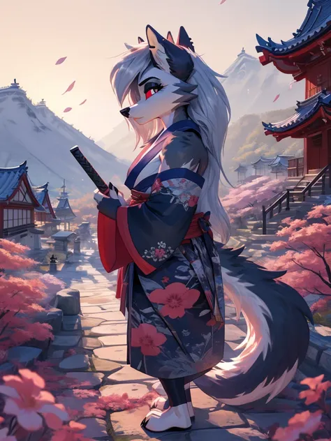 Luna from Helluva Boss, hellhound, in the sexy image of a samurai, with a katana in hand, in a bright kimono with red and black patterns, stands on top of a Japanese castle under cherry blossoms,  cartoon style, runs away from the mountain High quality, , ...