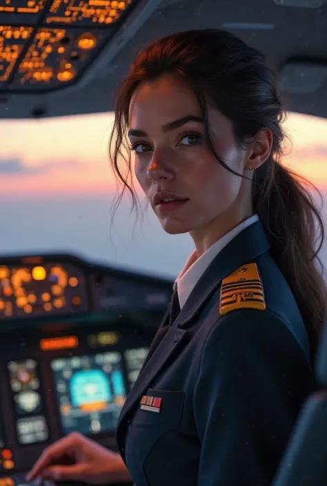 Realistic image in 16:9 of a 25-year-old girl with brown hair as a co-pilot on a plane at dusk. format In the background you can see the word "Copilot"