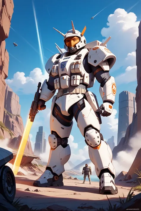  helmet　 white uniform　Armor　gun　 smart　