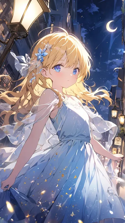 1 girl, moon、street tree、blue eyes, yellow hair、dutch angle, glitter effect, lens flare, 