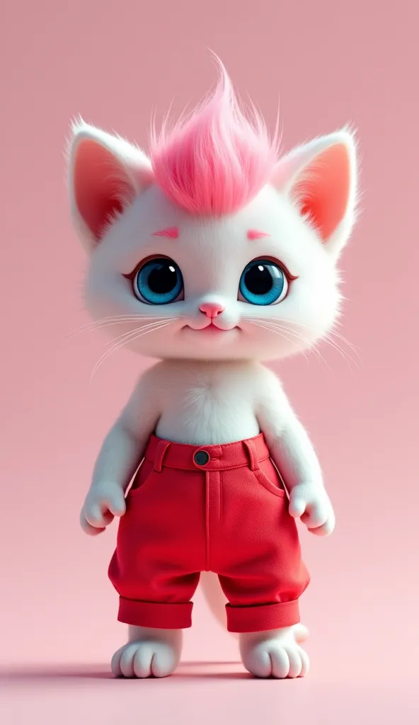 stand little kitten in name ranga . Eyes - blue , hair  - pink , red colour off  pant, body is white colour , 4k quality .