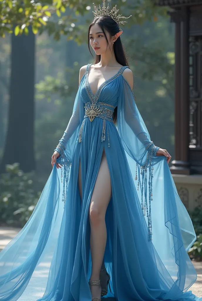 a woman in a blue dress is posing for a picture, a 3D render inspired by Ross Tran, cgsociety contest winner, fantasy art, fantasy outfit, a beautiful fantasy empress, beautiful and elegant elf queen, flowing magical robe, ((a beautiful fantasy empress)), ...