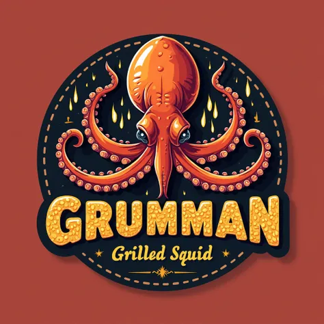 Logo Vector Image "ชื่อ GRUMMAN GRILLED SQUID" Distinctive color,hot letters,Edible look, fashionable ,The symbol is in the form of a grilled octopus
