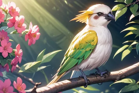 brightly colored bird sitting on a branch with leaves and plants, Colorful 8k,   colorful HD images  , Beautifully colorful, colorful birdsと長い,  beautiful digital art , colorful birds, Beautiful vibrant colors,  beautiful digital art work,  Vector art by 、...