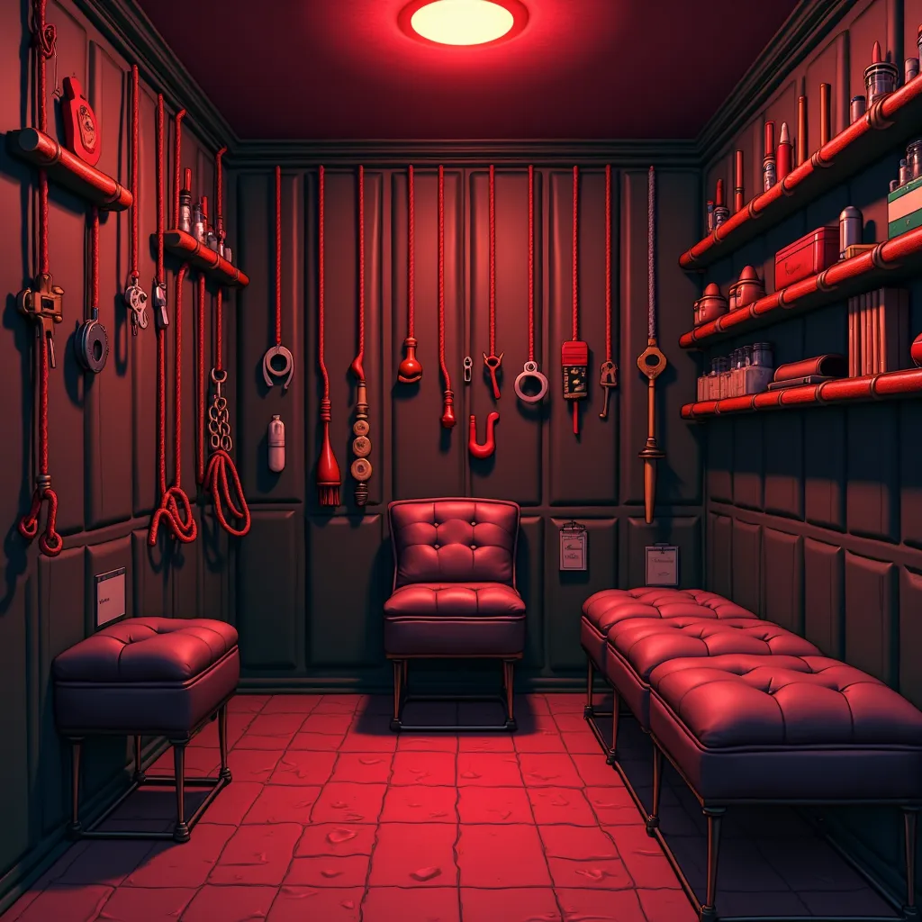 A small BDSM room with soundproofed walls covered in dark padded panels. The room is dimly lit with a sensual red glow. Red ropes hang neatly from hooks, alongside metal chains and soft velvet handcuffs. Shelves display an assortment of toys, including dil...