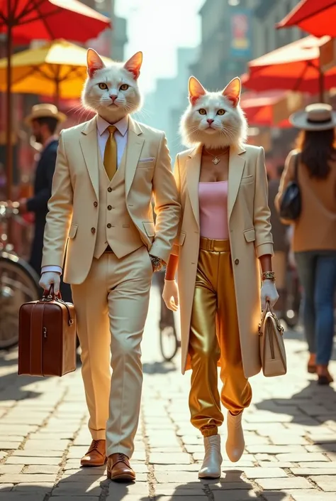 "A lively and colorful marketplace with busy stalls, vendors, and people walking around, creating a vibrant urban street atmosphere. The scene is well-lit, giving a realistic and stylish feel.

In the foreground, a pair of anthropomorphic white cats with e...