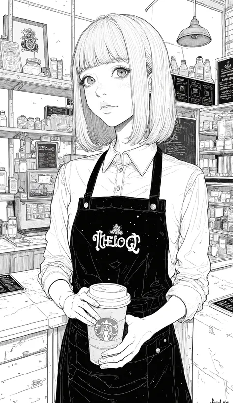 Starbucks sketch with various items and menus,  Line Art：He-Q, Tumbler,  modern European ink painting , Cafe, coffee shop,  Line Art!!, restaurant menu photo ,  bakery in k, cozy Cafe background,  Line Art,  Full Page Illustration , Cafe interior, イラスト Lin...