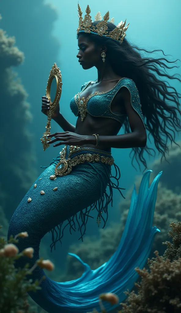 Ultra realistic 8k at the bottom of the water a beautiful black mermaid with a crown of shells and wavy hair, SHE HAS A BLUE FIN, WEARING lots of jewelry and holding a mirror  