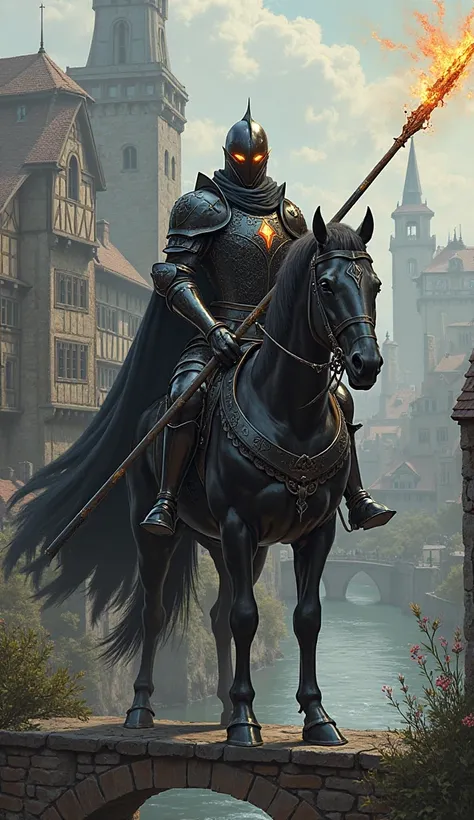 A knight in black armor with glowing eyes with a fiery spear on a black horse in a medieval town on a bridge over a river