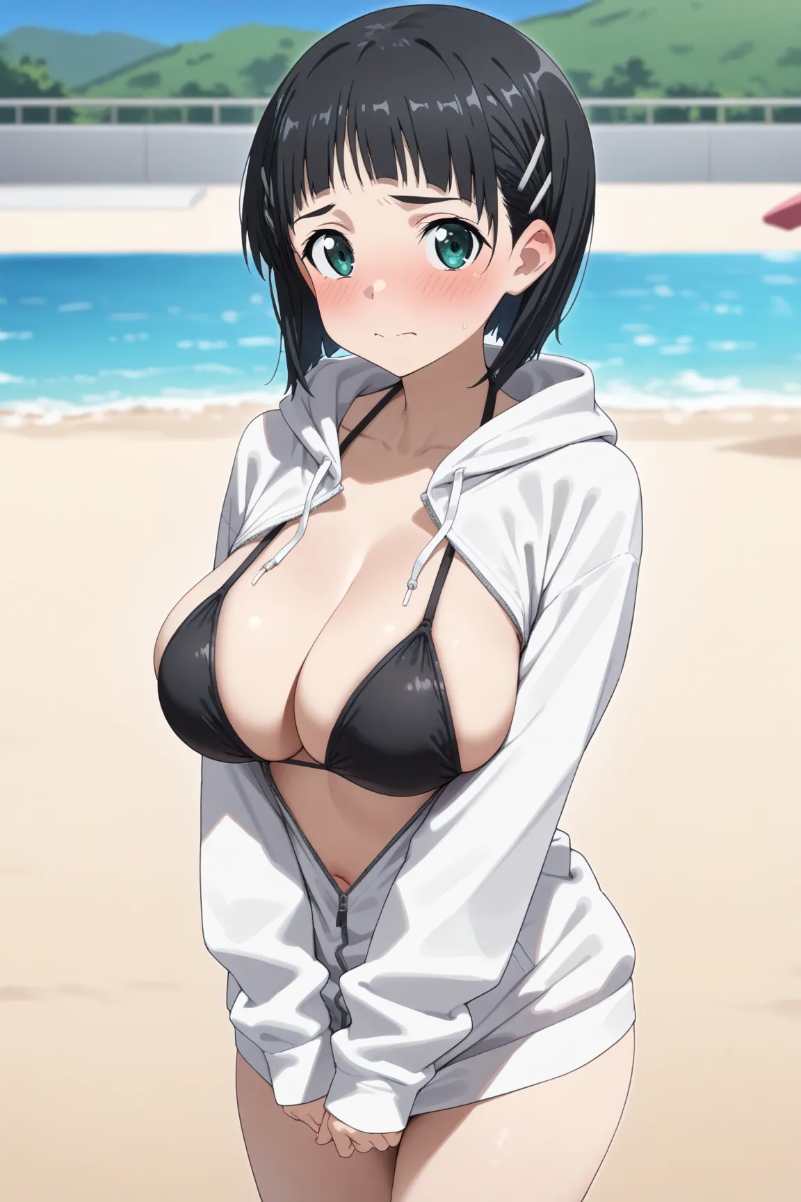 masterpiece,best quality,{{detailed beautiful face and eyes}}, very detailed background,
Suguha Kirigaya,short hair,bob cut,black hair,hairclip,green eyes,large breasts,
front chuck hoodie,black bikini,
1girl,(is embarrassing,big blush,closed mouth:1.0),
(...