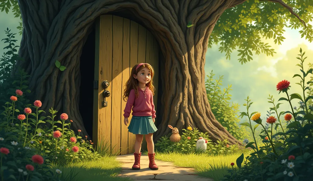 Lily found a tiny, golden key in her backyard. Curious, she searched for a lock it might open. Behind a big oak tree, she discovered a hidden door! Turning the key, the door creaked open, revealing a magical garden full of talking animals.