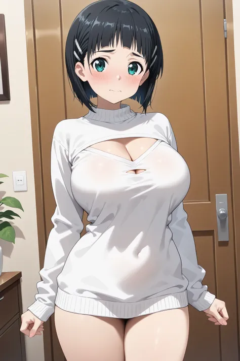 masterpiece,best quality,{{detailed beautiful face and eyes}}, very detailed background,
Suguha Kirigaya,short hair,bob cut,black hair,hairclip,green eyes,large breasts,
white sweater,cleavage cutout,
1girl,(is embarrassing,big blush,closed mouth:1.0),
 ((...