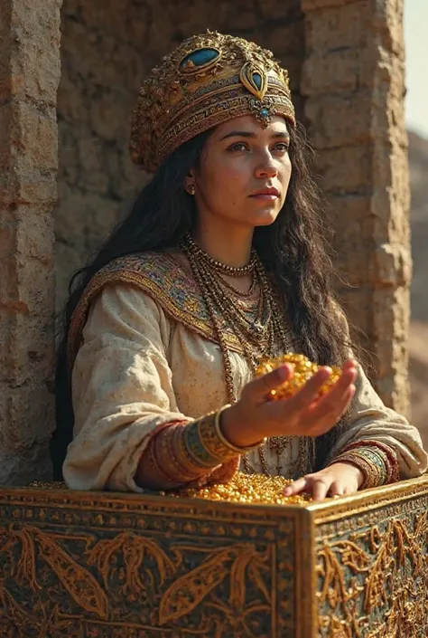 Phoenician woman from southern Spain in the 3rd and 2nd centuries BC emerging from a steep sarcophagus and offering gold coins to the camera