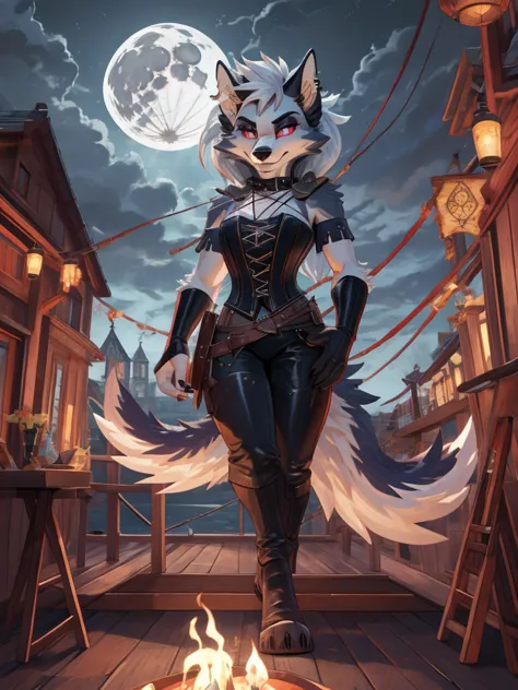 moon, hellhound, wearing a sexy pirate outfit,, with an eye patch and corset,, keeps the ship's wheel on deck under a stormy sky with shades of purple and gold, cartoon style, highly detailed, vibrant colors.

