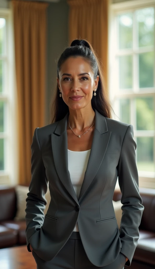 Claudia Sheinbaum standing confidently in her Presidential Office, surrounded by natural light streaming through large windows. She is wearing a bold-colored tailored suit, her expression calm yet assertive, embodying leadership and resilience. The room is...