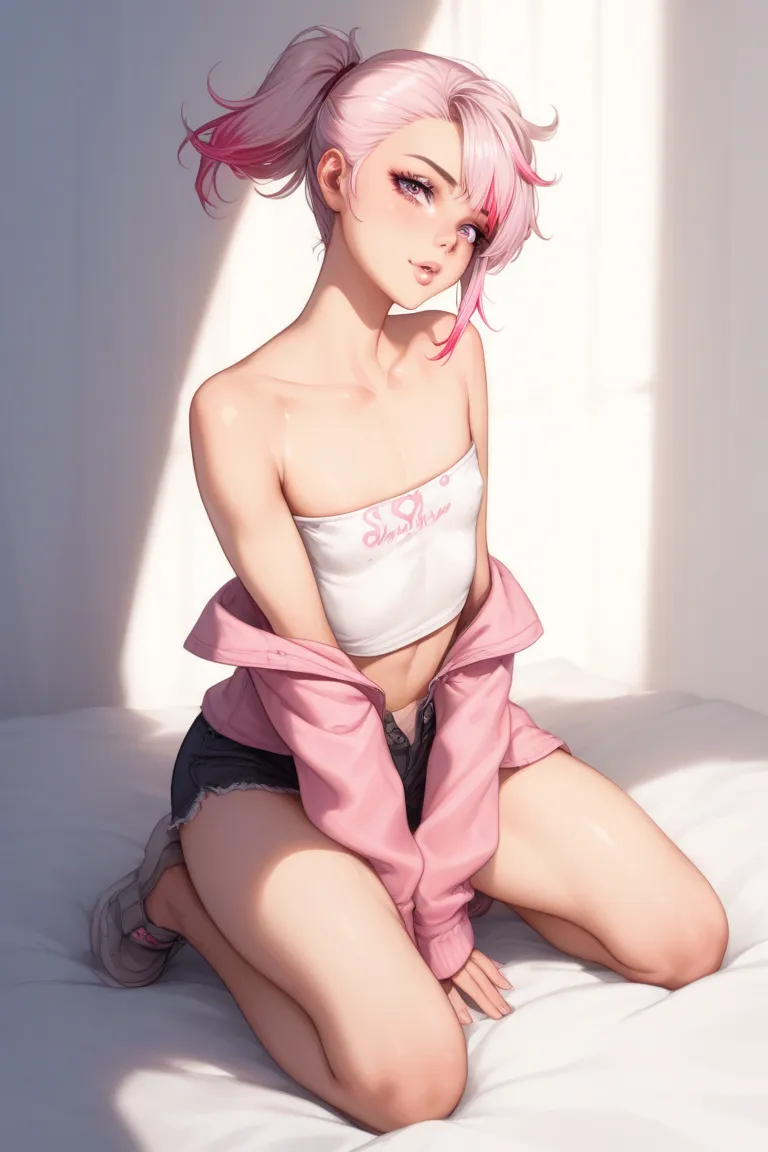 1 girl, short pale pink ponytail hair, dark pink highlights, flat chest, kneeling, top dawn, leags apart