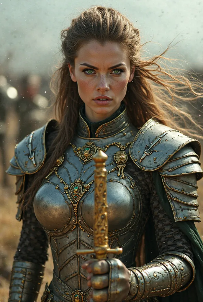 "A fierce and stunning warrior woman, with piercing emerald eyes, wearing intricate armor decorated with gold and gemstones. She holds a beautifully crafted sword, standing on a battlefield with the wind blowing through her hair.